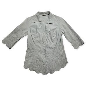 Soft Surroundings Cotton Embroidered Scalloped Hem 3/4 Sleeve Button Up Size XS‎